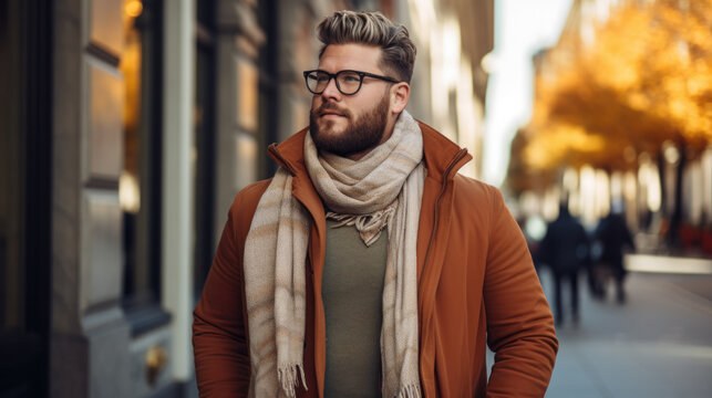 Plus size man wearing winter clothes in the street. Young bearded guy with modern hairstyle with coat, scarf