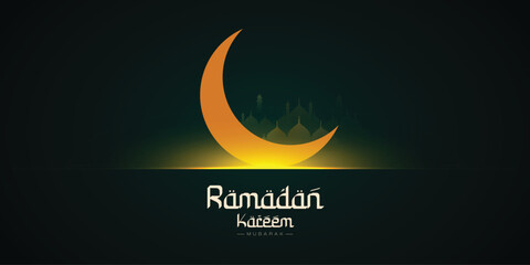 Ramadan Kareem festival wishes or greeting card Ramzan Islamic design with mosque, moon, shine green color social media banner, poster vector illustration