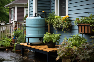 Rain barrel system collecting water beside a home.