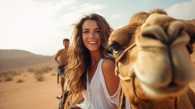 Happy Woman riding camel in sand desert