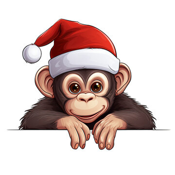 Süßer Affe mit Weihnachtsmütze / Affen Bild / Weihnachts Schimpanse / Weihnachtliche Tier Illustration / Affen Bild mit transparentem Hintergrund / Comic Affen Grafik / Ki-Ai generiert