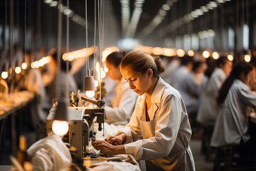 Fototapeta na wymiar Concentrated female worker sewing fabric on an industrial machine at a textile factory, surrounded by warm lighting.