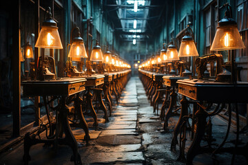 Symmetrical view of antique sewing machines in a vintage industrial workshop, warmly lit by hanging lamps.