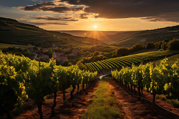 A picturesque vineyard at sunset, with sun rays beaming over rolling hills and a quaint village in...