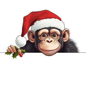 S&uuml;&szlig;er Schimpanse mit Weihnachtsm&uuml;tze / Affen Bild / Weihnachts Affe / Weihnachtliche Tier Illustration / Affen Bild mit transparentem Hintergrund / Comic Affen Grafik / Ki-Ai generiert