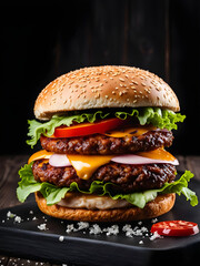 hamburger on black wooden background.