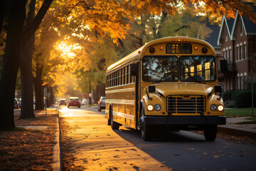 An empty school bus parked on a tranquil suburban street adorned with autumn foliage during a warm golden hour.