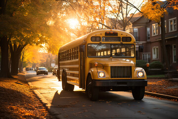 A school bus parked on a suburban street during a tranquil golden hour in autumn, with vibrant fall colors.