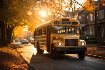 Fotobehang A school bus parked on a suburban street during a tranquil golden hour in autumn, with vibrant fall colors. © 22Imagesstudio