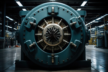 Frontal view of a large, heavy-duty steel vault door within an industrial setting, conveying security and technological sophistication.