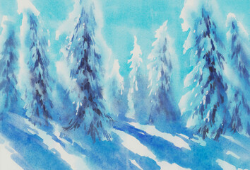 Fir tree forest in snow watercolor background