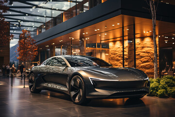 Futuristic luxury car on display in a showroom with elegant lighting and stylish design. - obrazy, fototapety, plakaty