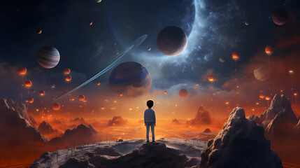 fantasy illustration, a boy looking at the starry sky and universe, child dream and hope concept. - obrazy, fototapety, plakaty