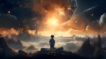 Fototapeta premium fantasy illustration, a boy looking at the starry sky and universe, child dream and hope concept.