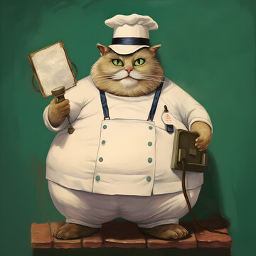 illustration of a fat cat chef with a knife