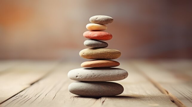 Stack of pebble stones symbol of harmony balance and mind in yoga and spa zen relaxation massage.