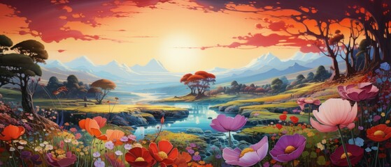 Oversized Colorful Flowers in Fantasy Landscape