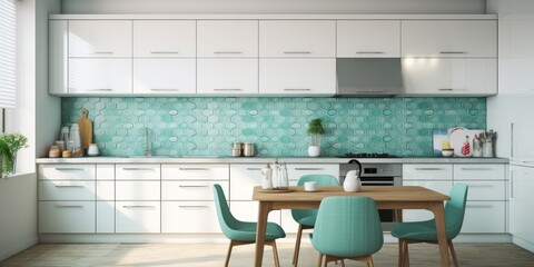 Turquoise tiles adorn white kitchen interior.