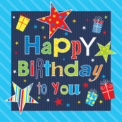 happy birthday card with colorful text, gifts and stars