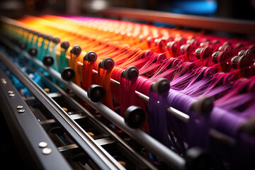 Close-up of vibrant thread spools in a row on textile machinery, showcasing the colorful side of industrial fabric production. - obrazy, fototapety, plakaty