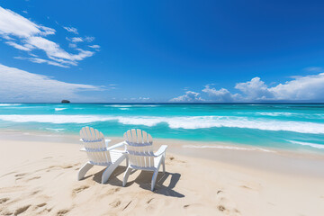 Fototapeta na wymiar Two white chairs facing the turquoise ocean under clear blue skies on a sandy beach, depicting a serene tropical paradise.