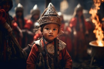 Child in traditional attire at cultural festival. Cultural heritage and identity. - obrazy, fototapety, plakaty