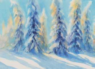 Fir tree forest in snow watercolor background - 693291092