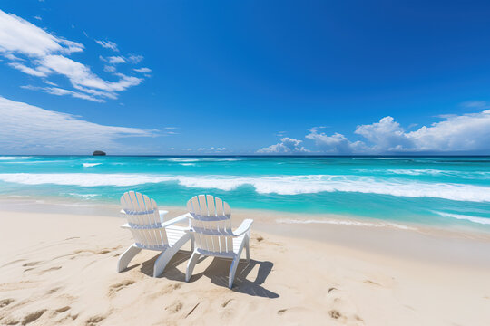 Two white chairs facing the turquoise ocean under clear blue skies on a sandy beach, depicting a serene tropical paradise.