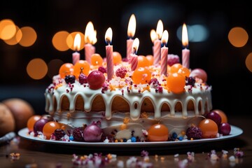 Colorful birthday cake with lots of candles. Generative AI.