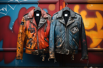 Two leather biker jackets with graffiti designs hanging against a vibrant graffitied wall.