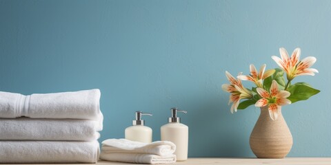 Bathroom table with towels, flowers, and room for text.