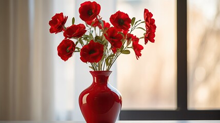 Vibrant Red Flowers In Glossy Vase Against Urban Window - Powered by Adobe