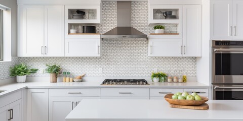 Modern kitchen with white cabinets, stainless steel appliances, and tiled backsplash. - obrazy, fototapety, plakaty