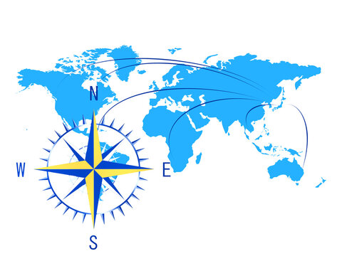 白背景に青の世界地図とジャイロコンパス