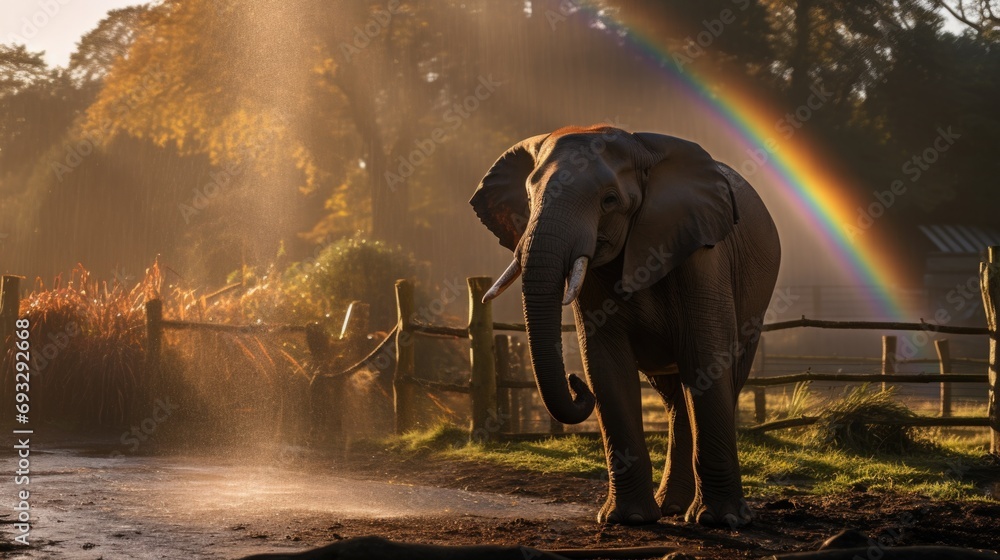 Poster an elephant standing in a field with a rainbow in the background. generative ai.