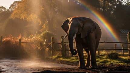 An elephant standing in a field with a rainbow in the background. Generative AI.