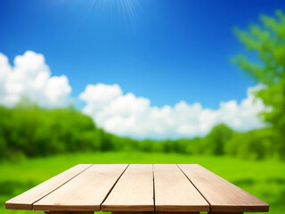 Empty wooden table with natural blur background