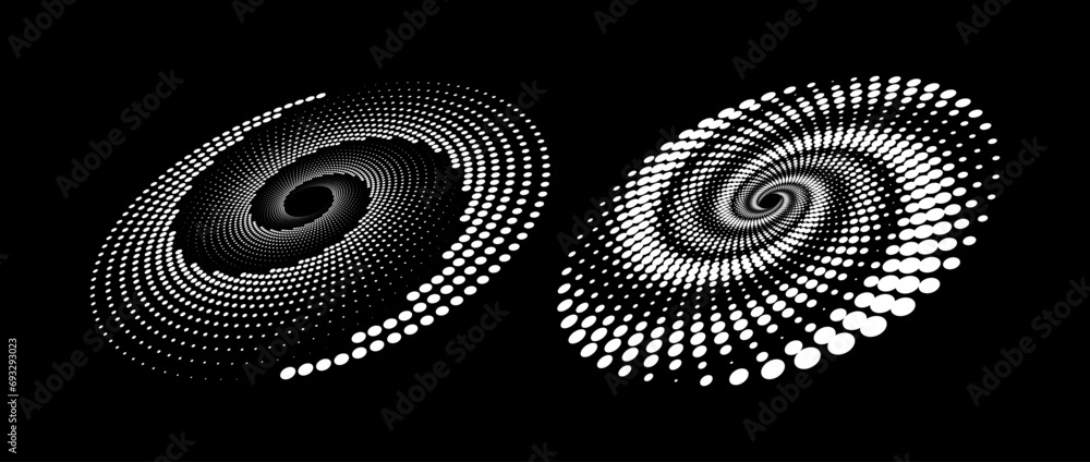 Sticker halftone speed spiral set. white dynamic dotted lines in perspective. radial dot swirl elements for 