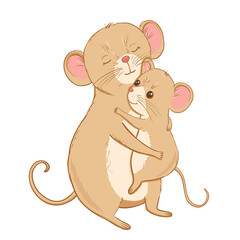 Two cute beige mice hugging. Mom mouse holds baby in arms. Vector hand drawn childish illustration isolated on white