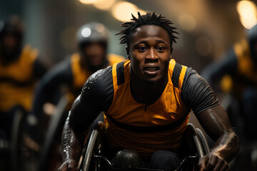 Focused wheelchair athlete racing with determination on an outdoor track with teammates in...