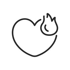 Fototapeta premium Heart in Fire Icon - Linear Vector Blazing Love Pictogram, Passionate Flame Isolated Design, Burning Desire Emblem for Intense Romance and Valentine's Day. 