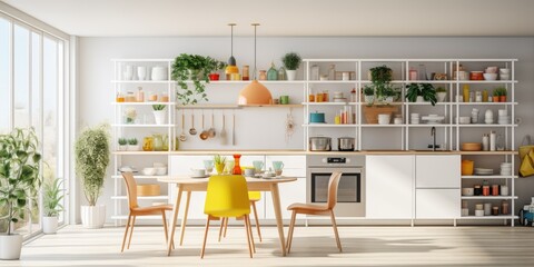 New Scandinavian home interior featuring bright kitchen with white furniture, colorful utensils, shelves displaying dishes and plants, dining room refrigerator, panoramic view, and open space.