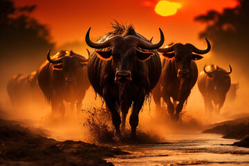 A herd of African buffaloes stampeding towards the camera in a cloud of dust at sunset, exuding power and wild energy.