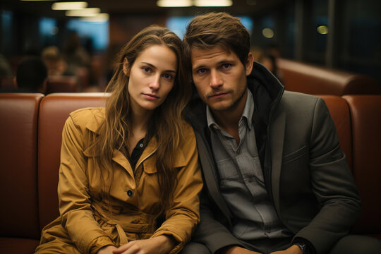 A stylish young couple sits together in a train at night, sharing a solemn moment of closeness and contemplation.