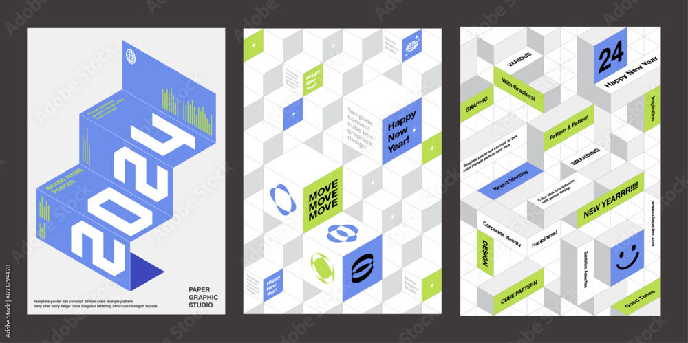 Poster template poster design set concept 3d box cube pattern navy blue ivory beige color diagonal letterin