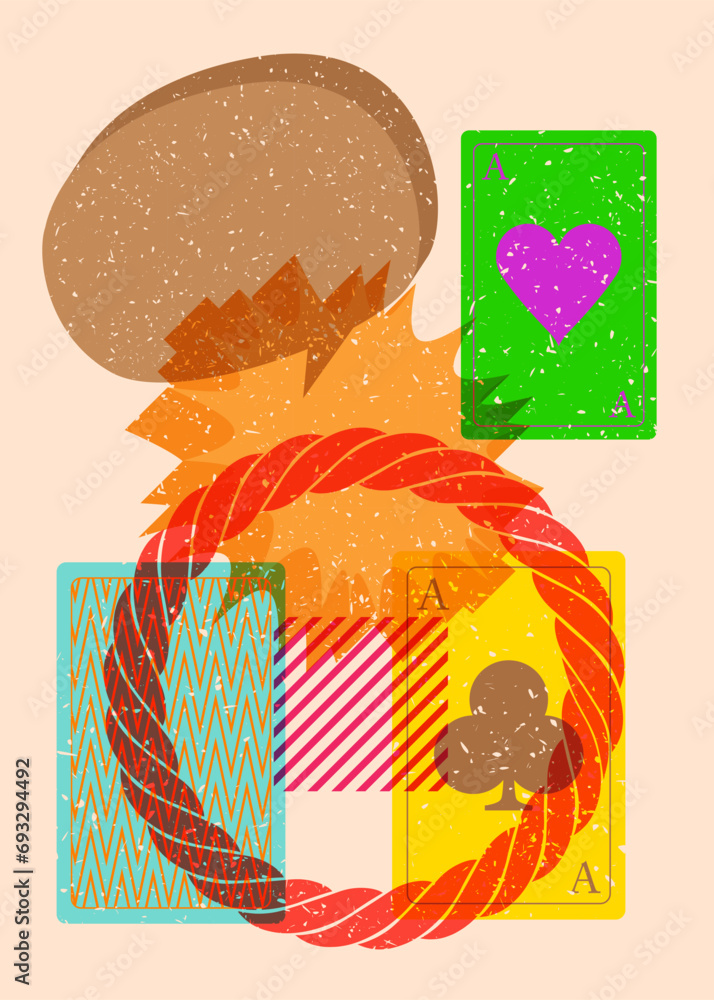 Poster risograph poker playing card with speech bubble with geometric shapes. objects in trendy riso graph 