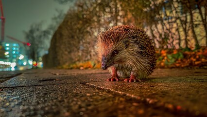 Cute real hedgehog is looking in the camera at dusk in autumn.
