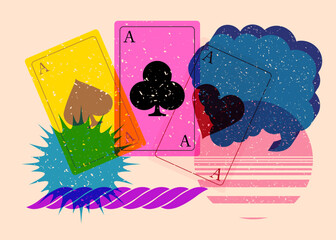 Risograph Poker Playing Card with speech bubble with geometric shapes. Objects in trendy riso graph print texture style design with geometry elements.