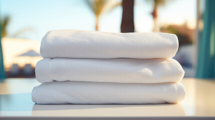 Fototapeta na wymiar Three white towels on a towel stand. Generative AI.