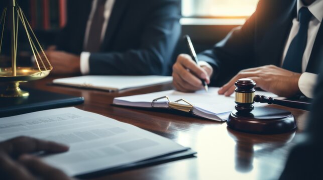 A meeting of legal experts and lawyers discussing in the office, business law firm consultant.
